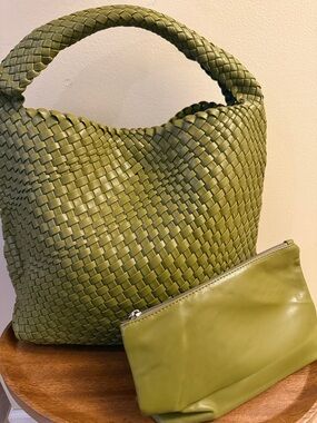 Olive Green Woven Shoulder Hobo Bag with Zip Pouch